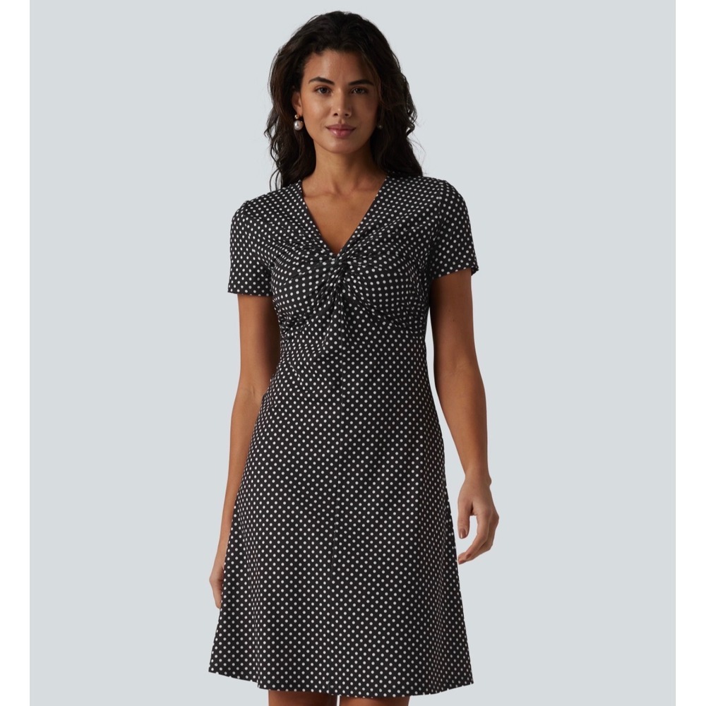 Halara Womens V Neck Short Sleeve Polka Dot Knee Length Casual Dress Black L